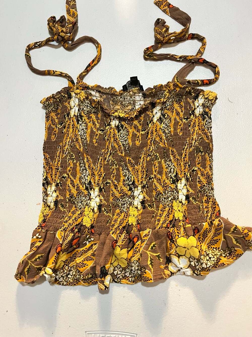 Rachel Zoe Womens Smocked Crop Top Brown Yellow Floral Print Tie Straps 010-049